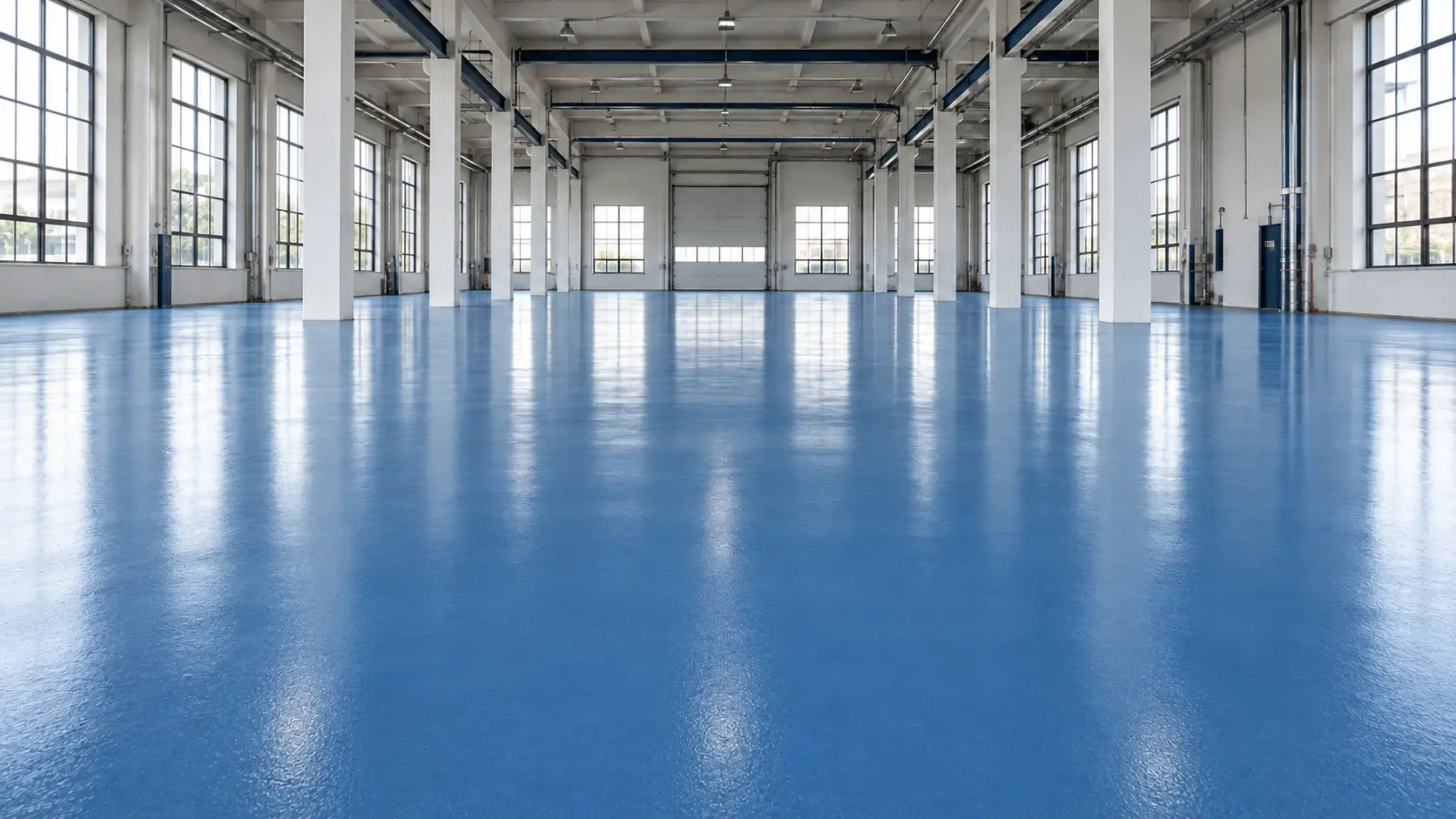 Piso epóxico azul terminado dentro de una nave industrial