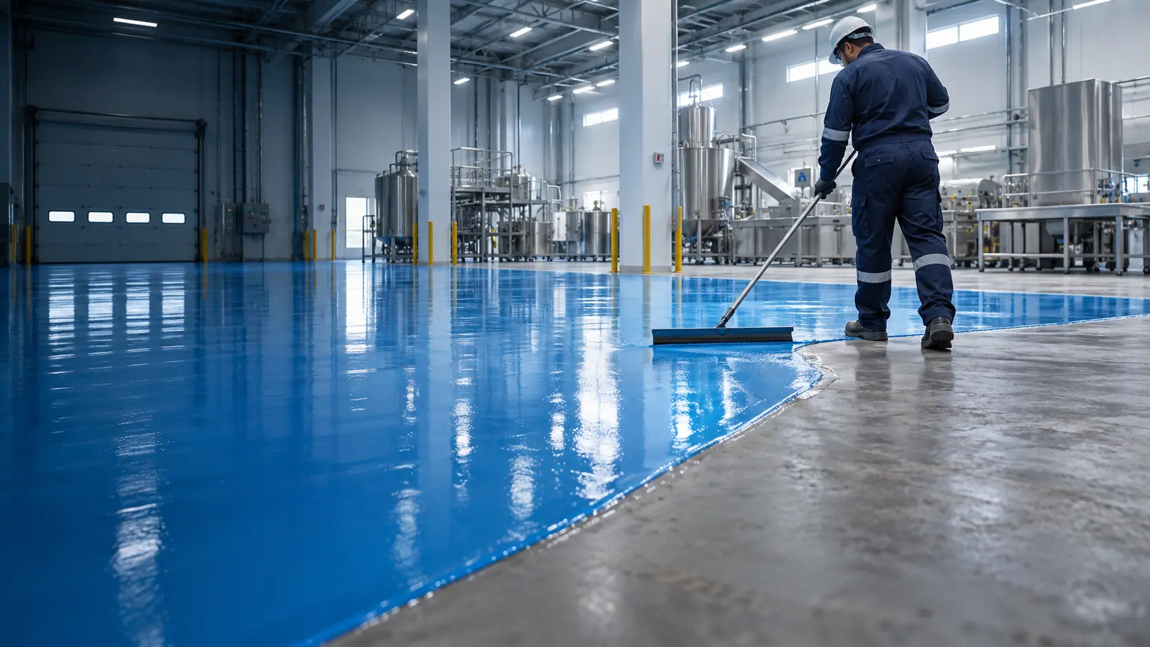 Técnico extendiendo resina epóxica azul sobre el piso industrial